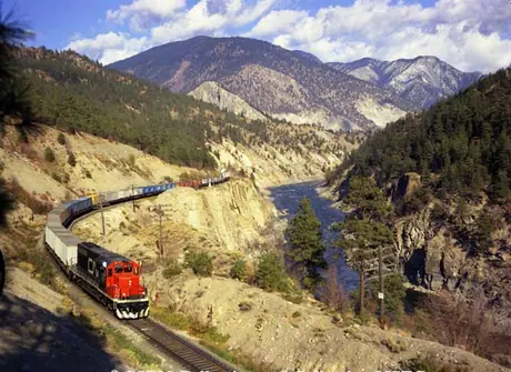 Container train East of Lytton, B.C. hauled by an SD-40 diesel locomotive 5157