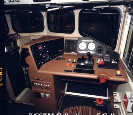 Interior of the cab of diesel locomotivbe SD60-F GF-6386 5513 showing safety improvements