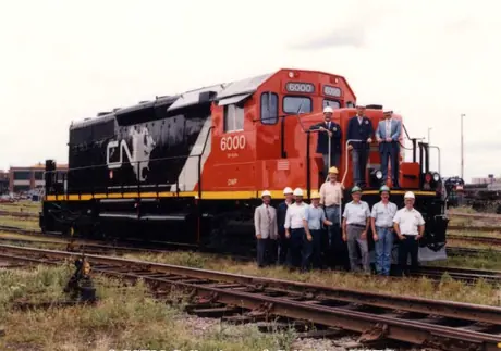 Diesel locomotive SD-40 GF-630a 6000 rebuilt from 5037.  The CN North America emblem is not the final version