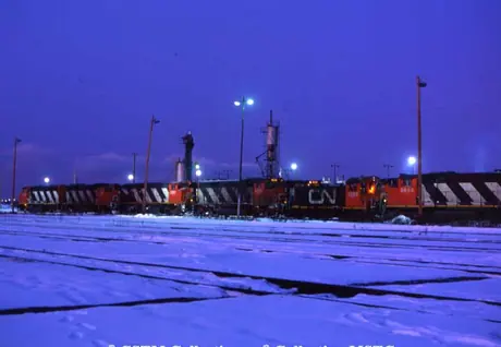 A number of GP40-2 locomotives share the servicing tracks at Montreal's Tascherean Yard