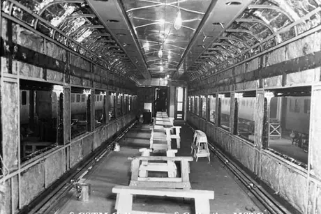 Interior of a first class EM coach under construction at Canadian Car & Foundry Company