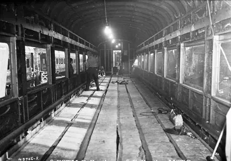 Interior of a first class EM coach under construction at Canadian Car & Foundry Company