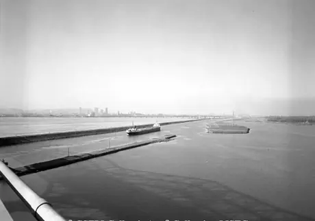 View of the seaway from Champlain Bridge with Montreal in the distance