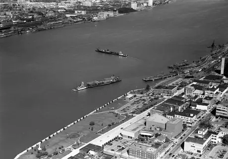 Aerial view of train ferries between Windsor and Detroit