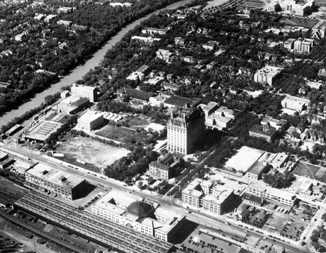 Aerial view of  Winnipeg Station and Fort Garry Hotel