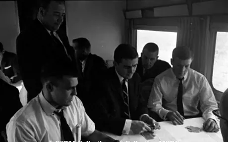 Montreal Canadien hockey team playing cards en route to Chicago
