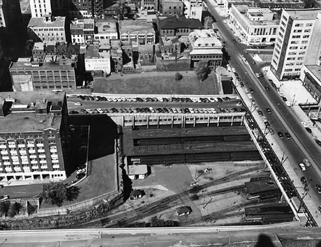 Aerial view of Central Station Terminals, Dorchester St. and tunnel entrance