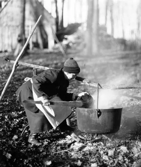 Boiling maple sap at St. Hilaire, Quebec