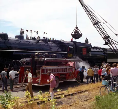 Steam locomotive no. 6218 loading coal at Richmond for its last run
