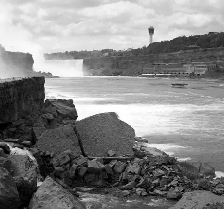 View of Canadian power plant from American side of Niagara Falls, Horseshoe Falls in background