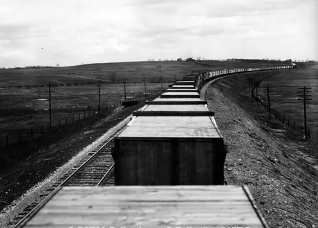 Large train shipment of new automobiles, near Oshawa, Ontario