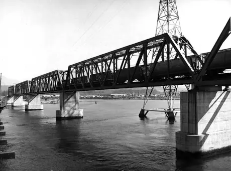 First train to cross the new Second Narrows Bridge, Vancouver