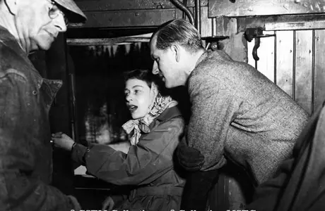 Royal Tour train near Peers, Alta. - they discuss question with Engineer in cab