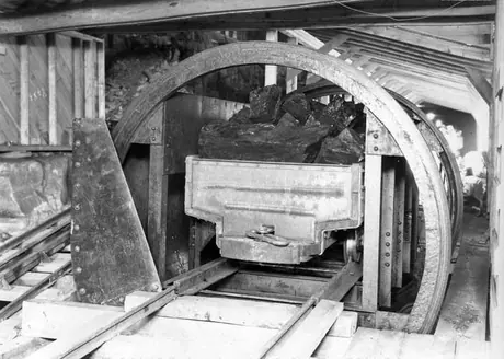 Coal mining, Alberta - loaded car of coal on rotary dump