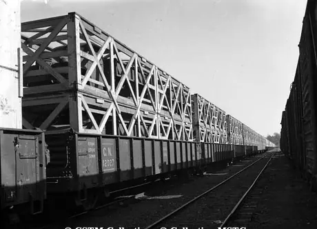 Crated army trucks in Rockingham Yard (Halifax) for shipment overseas
