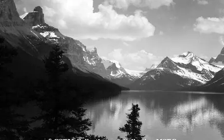 Maligne Lake from the Narrows showing (right) the Thumb next Mt. Warren, Harry MacLeod Glacier and Monks Head